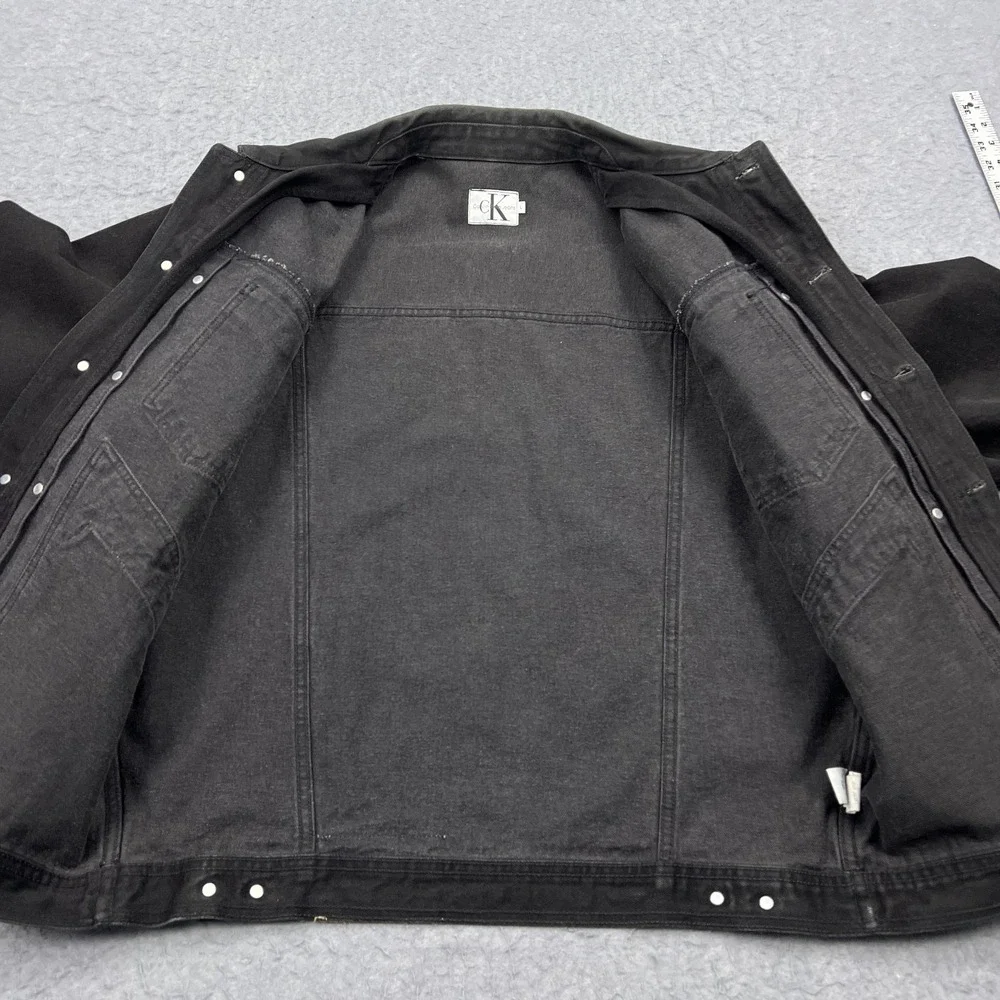 VTG Calvin‎ Klein Jean Jacket Men's Large Black Denim Trucker Hand Pockets USA